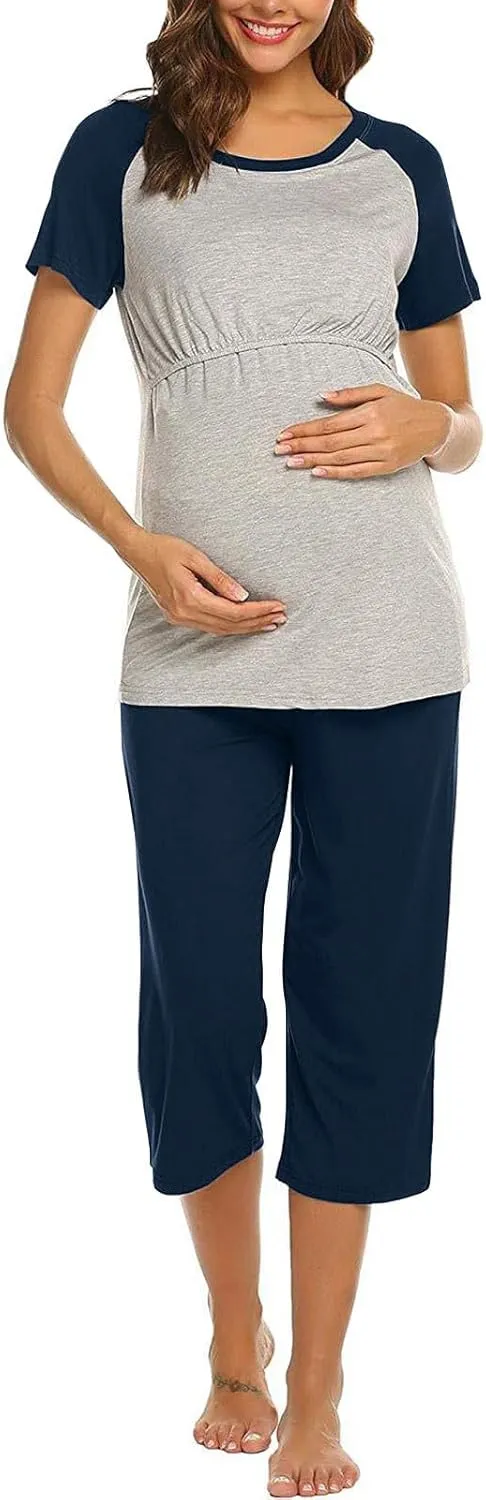 HGps8w Women's Summer Short Sleeve Pajamas Color Block Breastfeeding Nursing Top Capri Pants Sleepwear Soft Pjs Lounge Sets