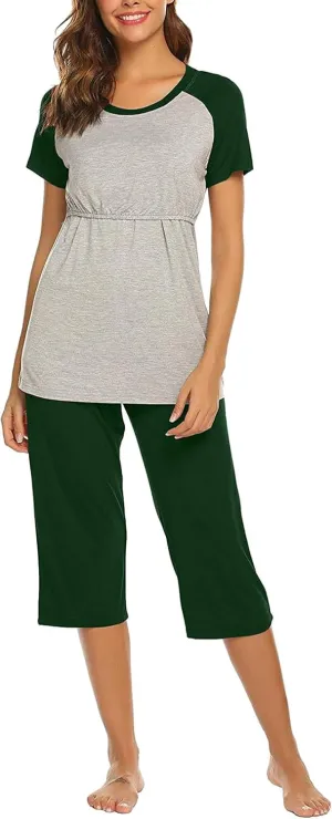 HGps8w Women's Summer Short Sleeve Pajamas Color Block Breastfeeding Nursing Top Capri Pants Sleepwear Soft Pjs Lounge Sets