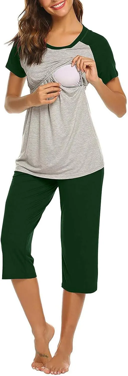 HGps8w Women's Summer Short Sleeve Pajamas Color Block Breastfeeding Nursing Top Capri Pants Sleepwear Soft Pjs Lounge Sets