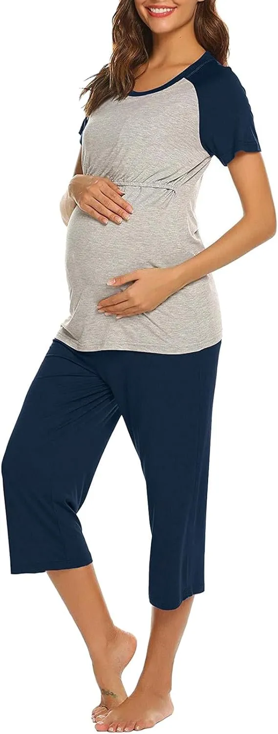 HGps8w Women's Summer Short Sleeve Pajamas Color Block Breastfeeding Nursing Top Capri Pants Sleepwear Soft Pjs Lounge Sets