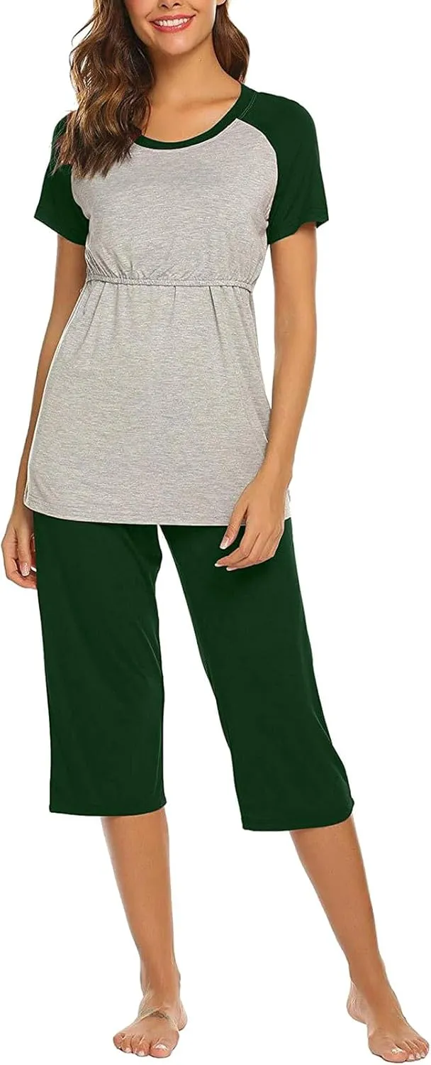 HGps8w Women's Summer Short Sleeve Pajamas Color Block Breastfeeding Nursing Top Capri Pants Sleepwear Soft Pjs Lounge Sets