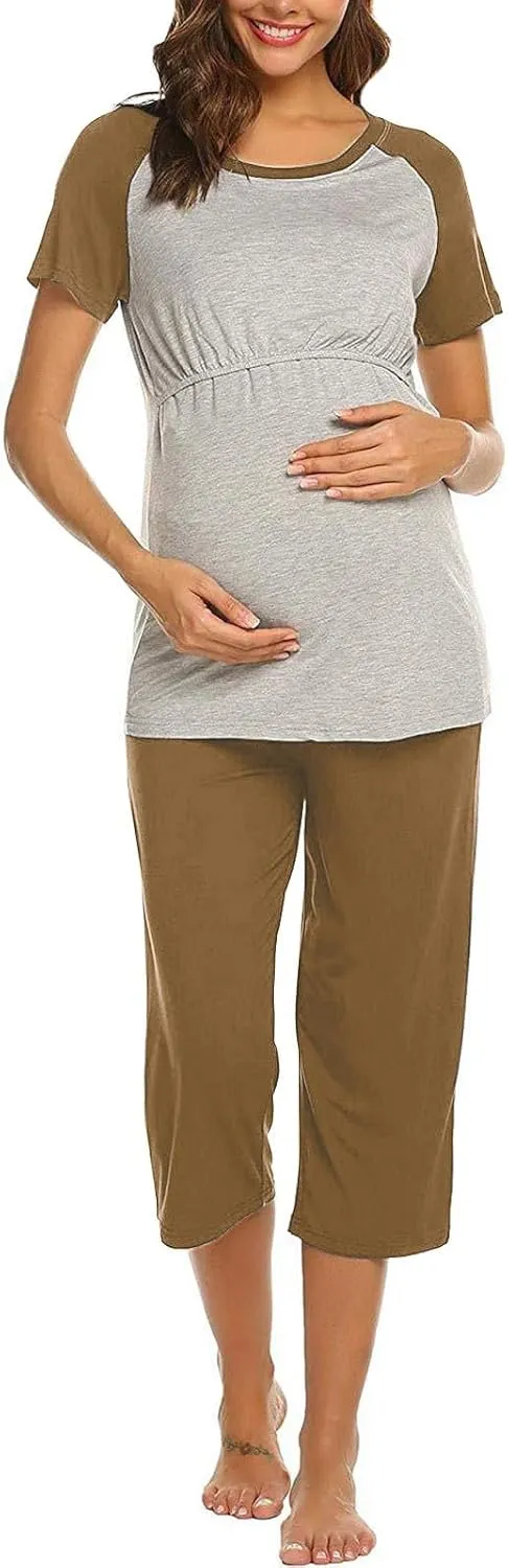 HGps8w Women's Summer Short Sleeve Pajamas Color Block Breastfeeding Nursing Top Capri Pants Sleepwear Soft Pjs Lounge Sets