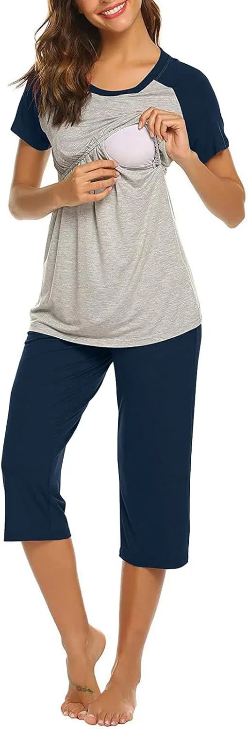 HGps8w Women's Summer Short Sleeve Pajamas Color Block Breastfeeding Nursing Top Capri Pants Sleepwear Soft Pjs Lounge Sets