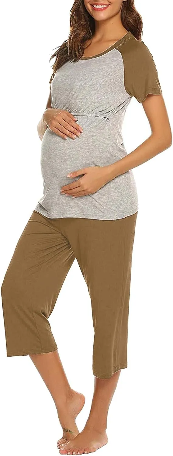 HGps8w Women's Summer Short Sleeve Pajamas Color Block Breastfeeding Nursing Top Capri Pants Sleepwear Soft Pjs Lounge Sets