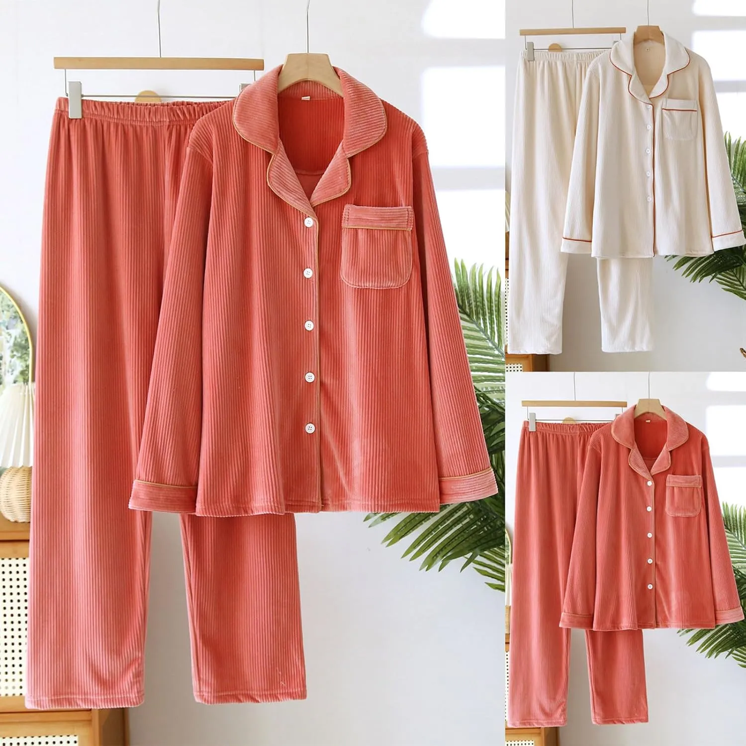 HGps8w Women's Winter Fleece Pajama Sets - Long Sleeve Lapel Button Down Sleepwear Tops Long Pants Matching Lounge Outfits