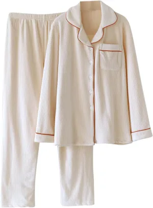 HGps8w Women's Winter Fleece Pajama Sets - Long Sleeve Lapel Button Down Sleepwear Tops Long Pants Matching Lounge Outfits