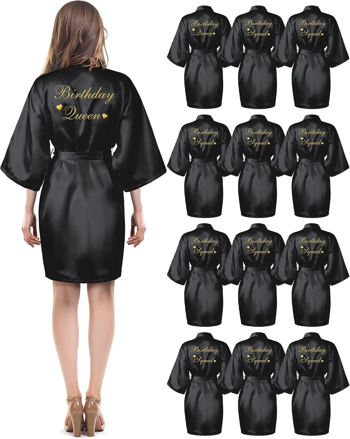 Hicarer 12 Pcs Women's Birthday Party Robes Gold Glitter Queen Squad Kimono Silky Nightgown Satin Bathrobes Dressing Gown