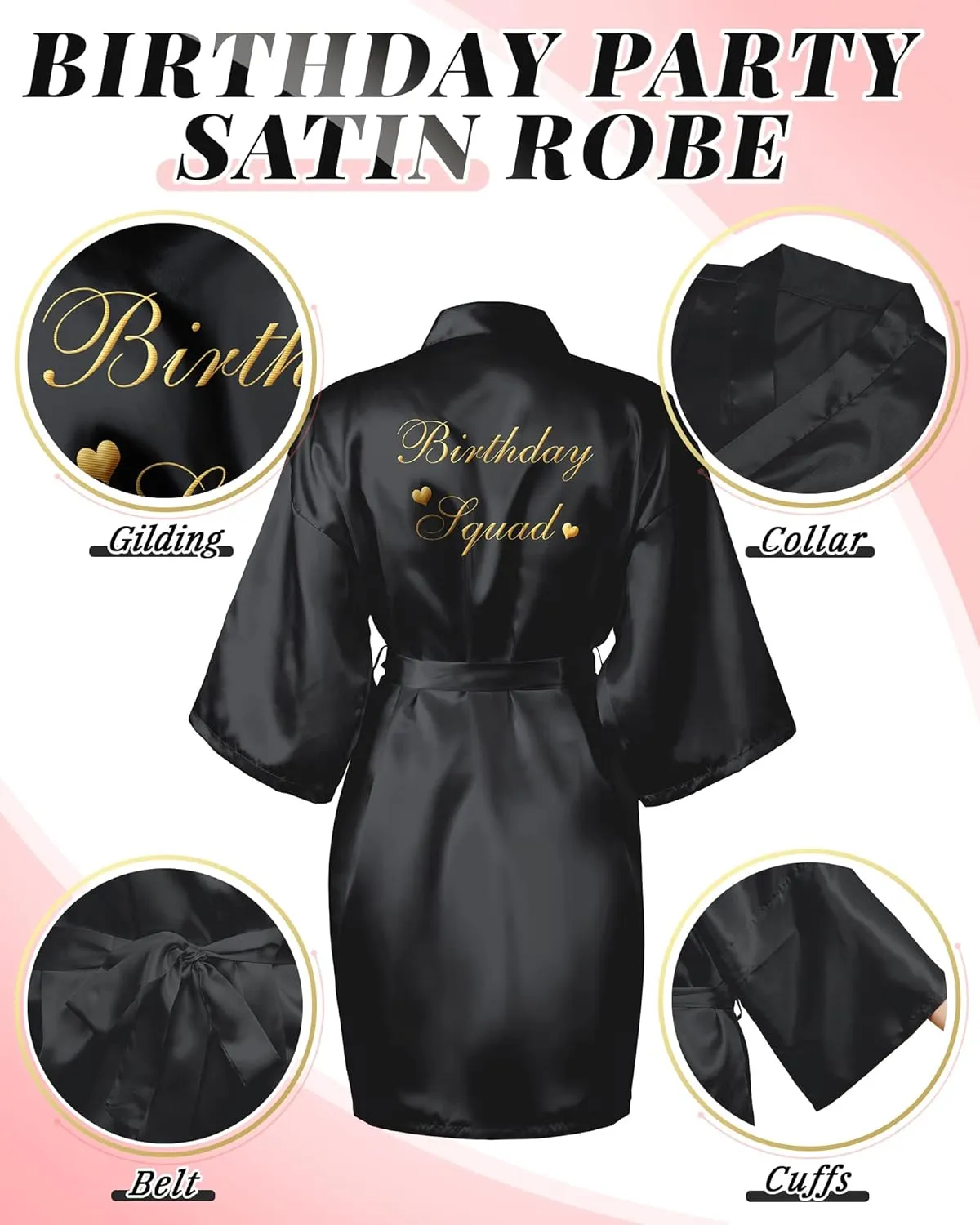 Hicarer 12 Pcs Women's Birthday Party Robes Gold Glitter Queen Squad Kimono Silky Nightgown Satin Bathrobes Dressing Gown