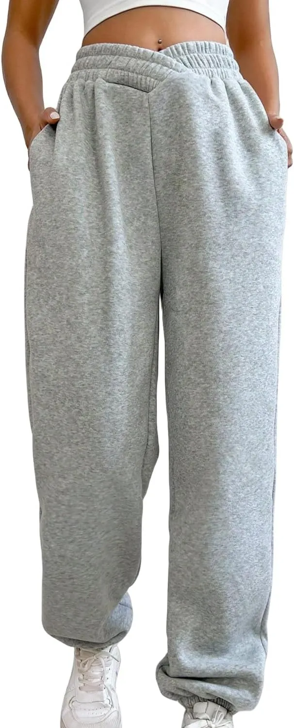 HOPYOP Women's Casual Joggers Pants V Crossover High Waisted Baggy Lounge Bottoms Pants Leggings
