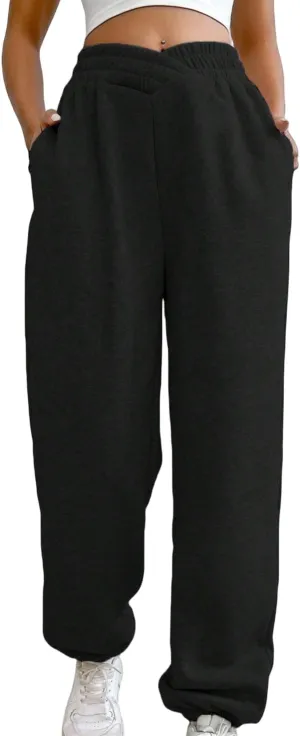 HOPYOP Women's Casual Joggers Pants V Crossover High Waisted Baggy Lounge Bottoms Pants Leggings
