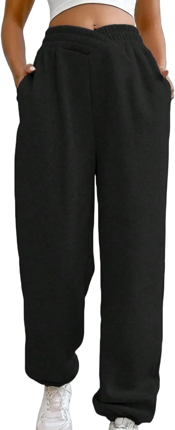 HOPYOP Women's Casual Joggers Pants V Crossover High Waisted Baggy Lounge Bottoms Pants Leggings