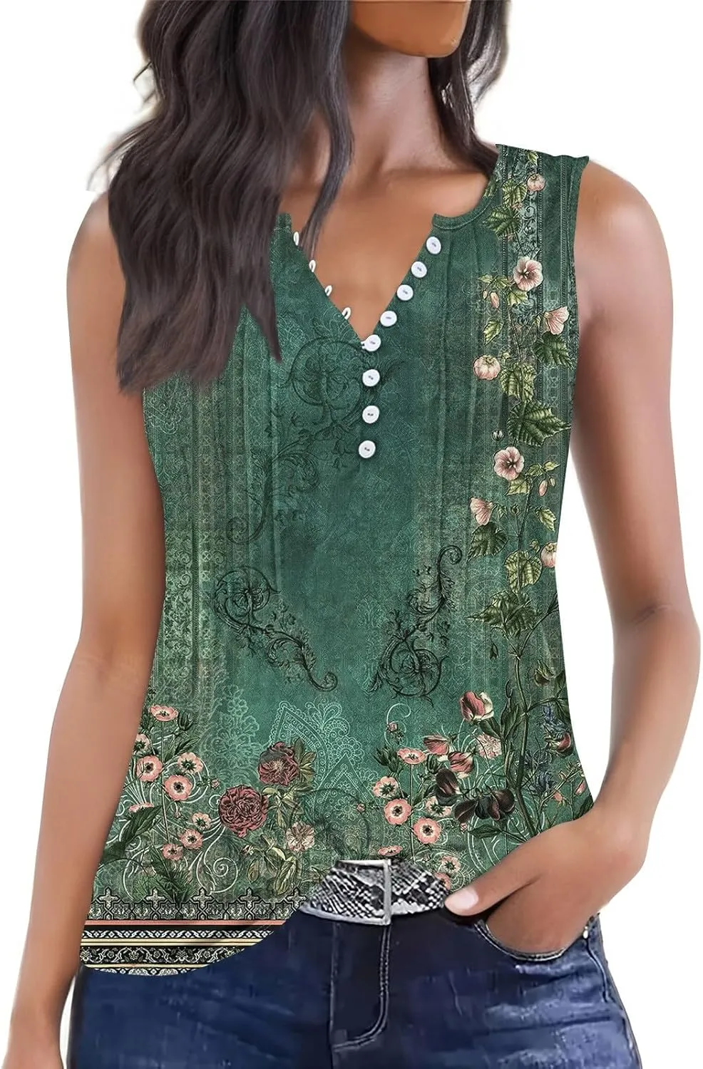 HTHLVMD Tank Tops for Women 2025 Summer Pleated Tunic Loose Fit Sleeveless T Shirts Dressy Casual V Neck Button Down Blouses