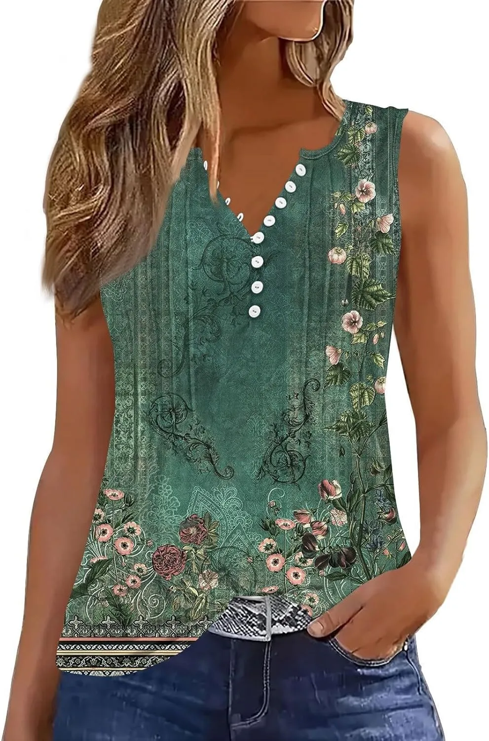 HTHLVMD Tank Tops for Women 2025 Summer Pleated Tunic Loose Fit Sleeveless T Shirts Dressy Casual V Neck Button Down Blouses
