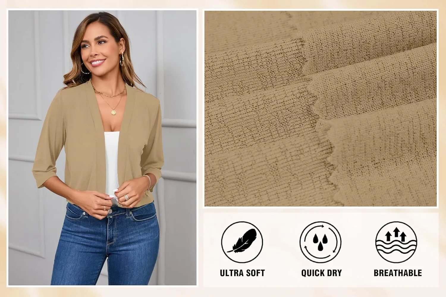 Iandroiy Women's 3/4 Sleeve Shrugs Lightweight Open Front Cropped Cardigan for Women