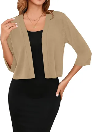 Iandroiy Women's 3/4 Sleeve Shrugs Lightweight Open Front Cropped Cardigan for Women