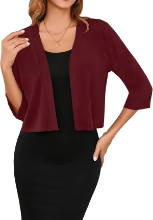 Iandroiy Women's 3/4 Sleeve Shrugs Lightweight Open Front Cropped Cardigan for Women