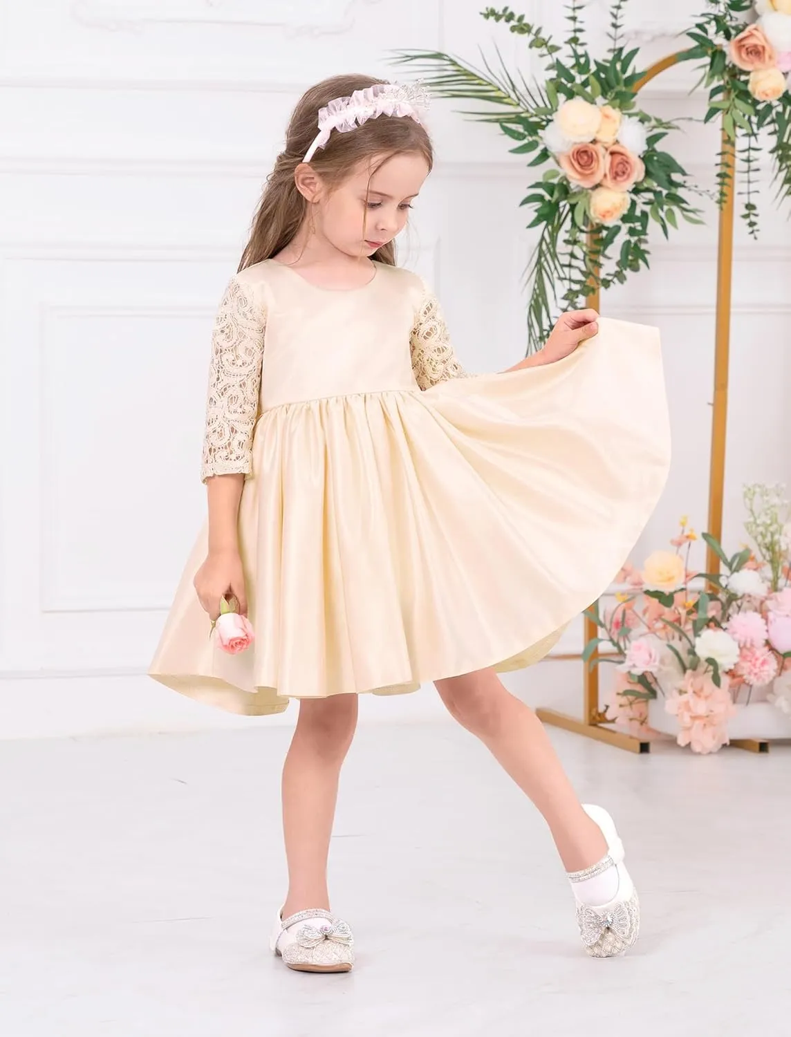 IDOPIP Flower Girl Satin Bowknot Lace Tutu Dress for Kids Baby Princess First Communion Wedding Birthday Party Pageant Gowns