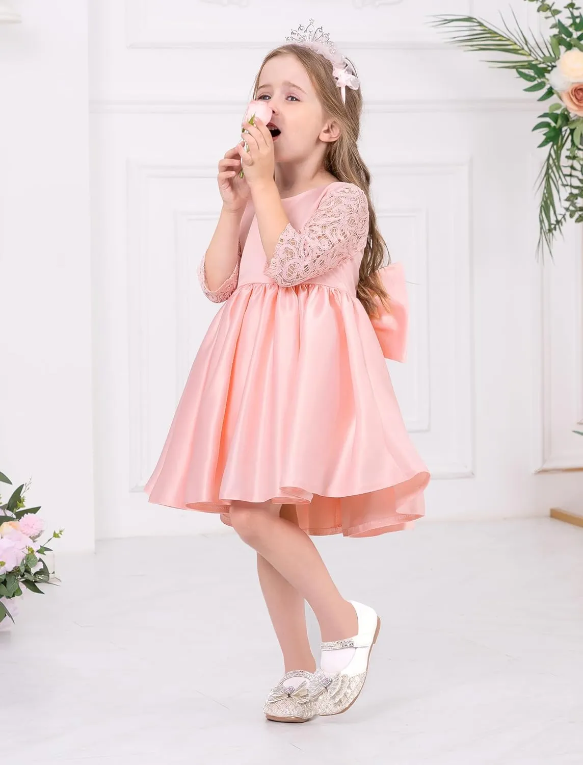 IDOPIP Flower Girl Satin Bowknot Lace Tutu Dress for Kids Baby Princess First Communion Wedding Birthday Party Pageant Gowns
