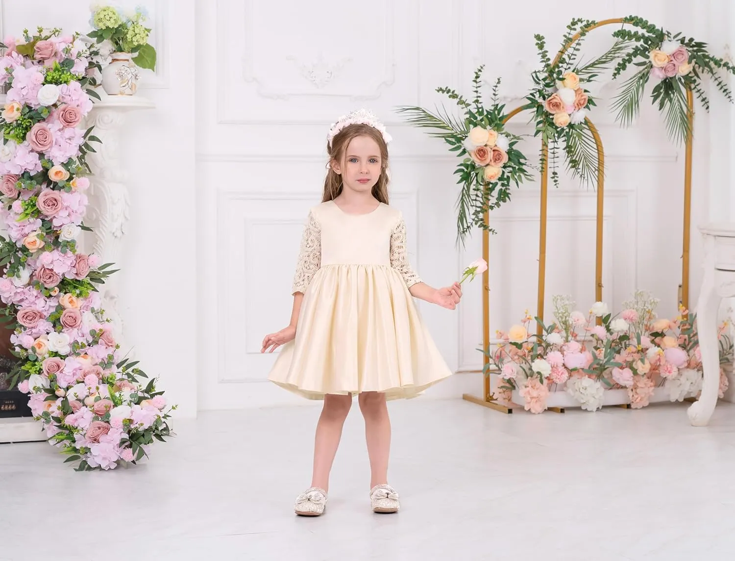 IDOPIP Flower Girl Satin Bowknot Lace Tutu Dress for Kids Baby Princess First Communion Wedding Birthday Party Pageant Gowns