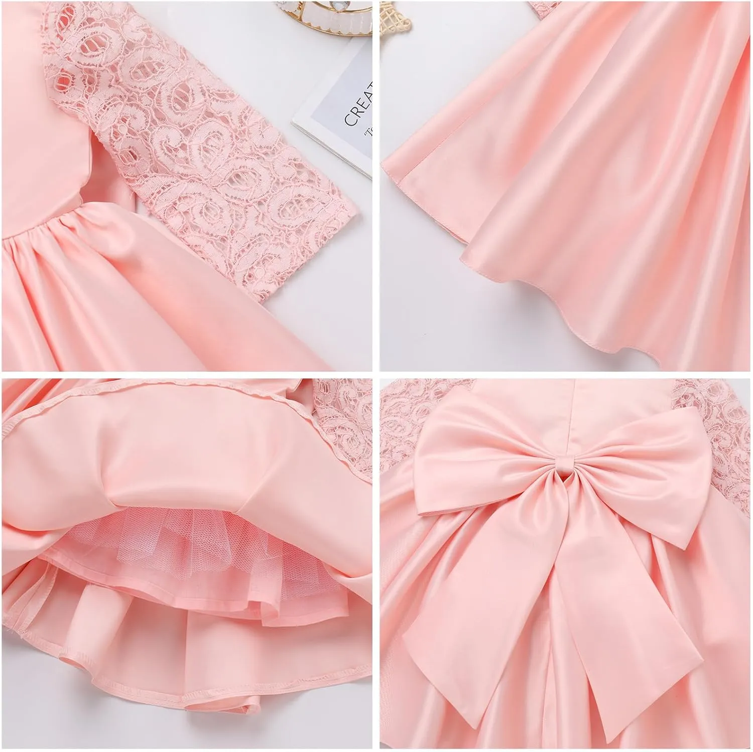 IDOPIP Flower Girl Satin Bowknot Lace Tutu Dress for Kids Baby Princess First Communion Wedding Birthday Party Pageant Gowns