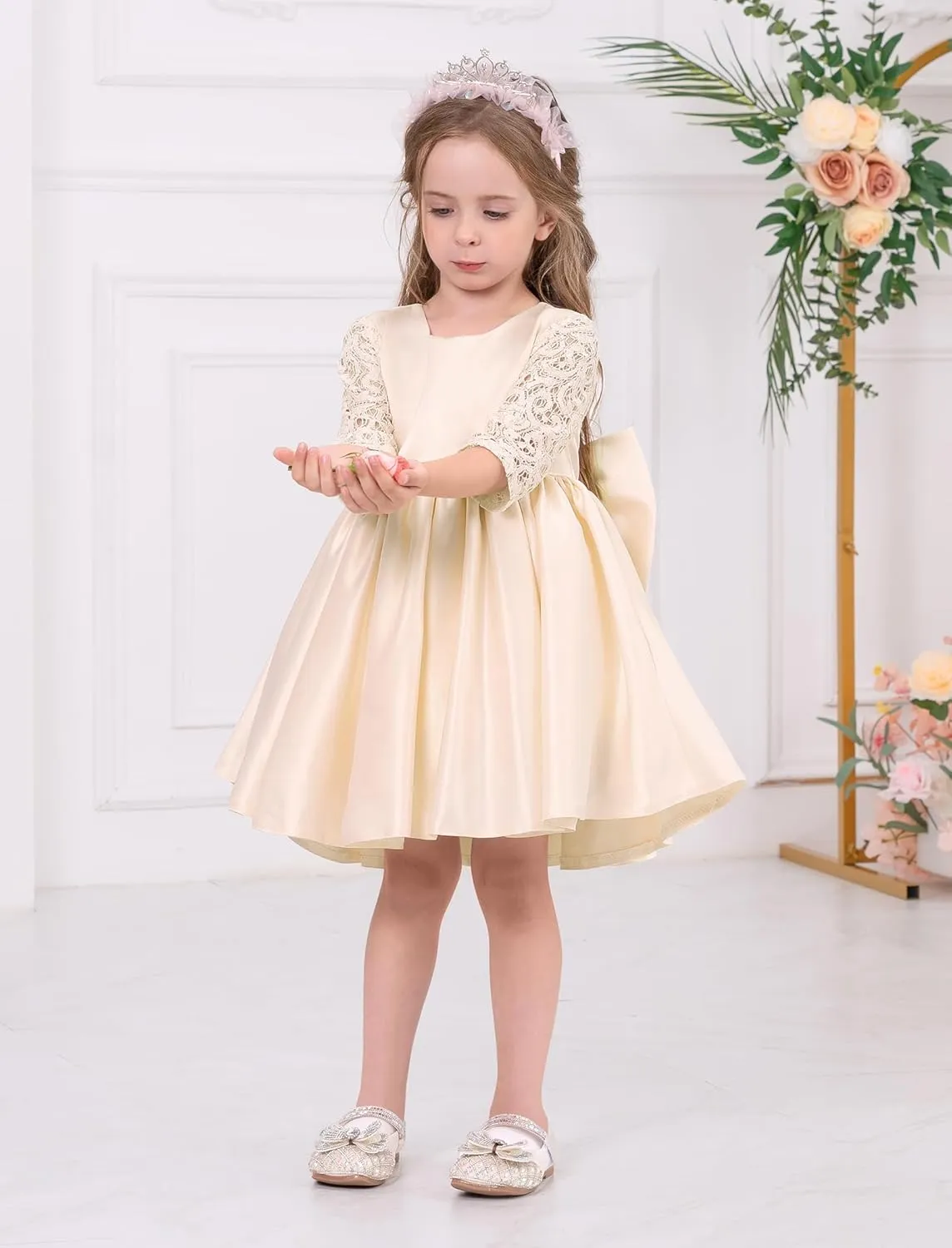 IDOPIP Flower Girl Satin Bowknot Lace Tutu Dress for Kids Baby Princess First Communion Wedding Birthday Party Pageant Gowns