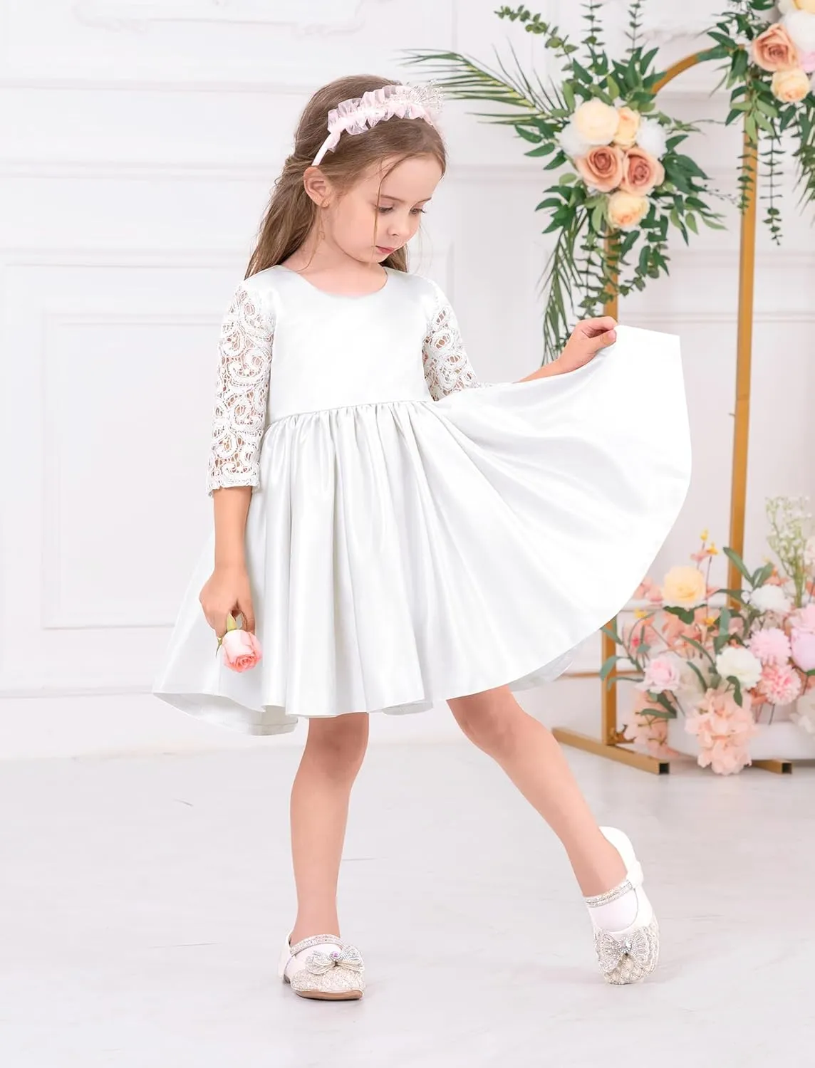 IDOPIP Flower Girl Satin Bowknot Lace Tutu Dress for Kids Baby Princess First Communion Wedding Birthday Party Pageant Gowns