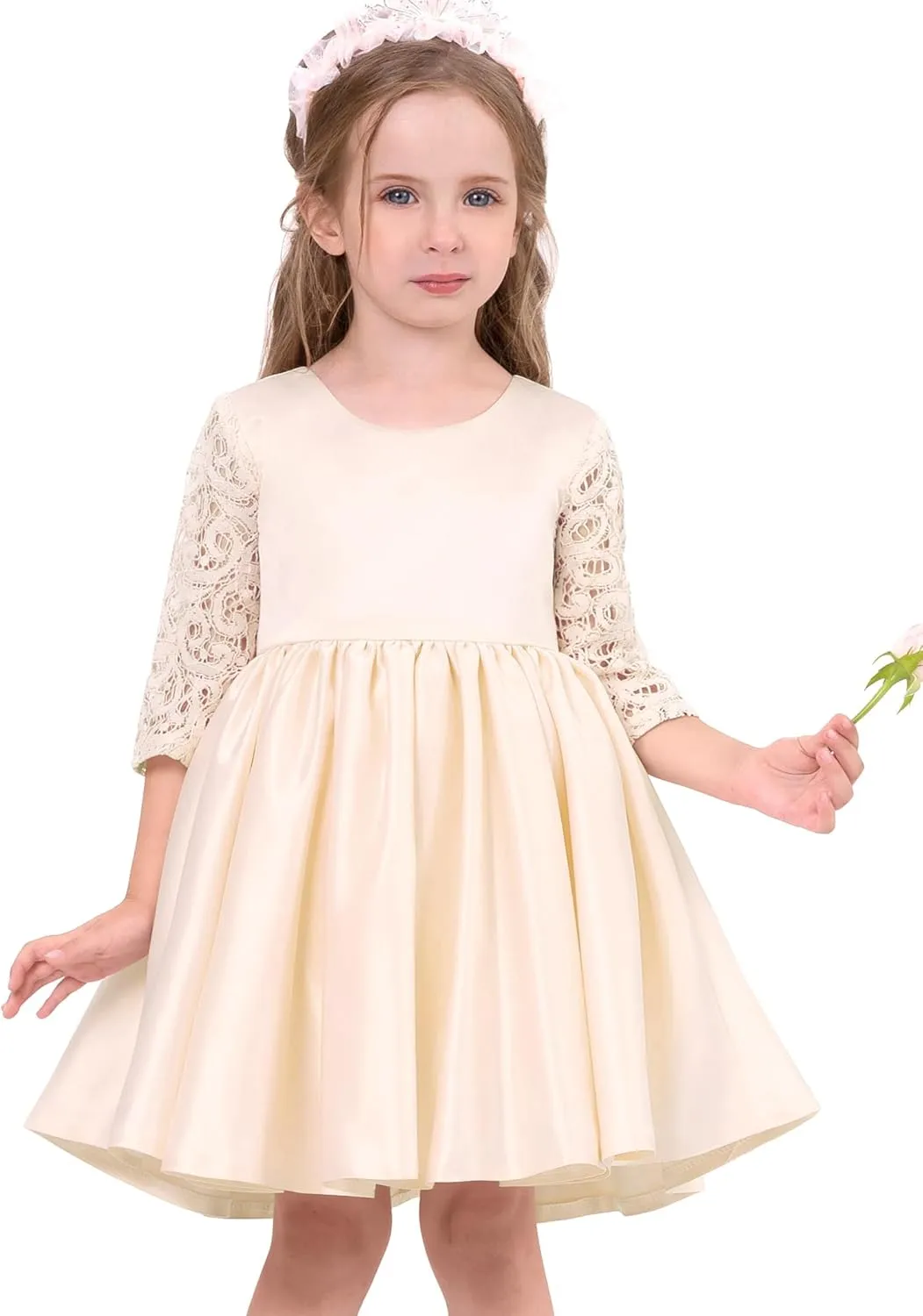 IDOPIP Flower Girl Satin Bowknot Lace Tutu Dress for Kids Baby Princess First Communion Wedding Birthday Party Pageant Gowns