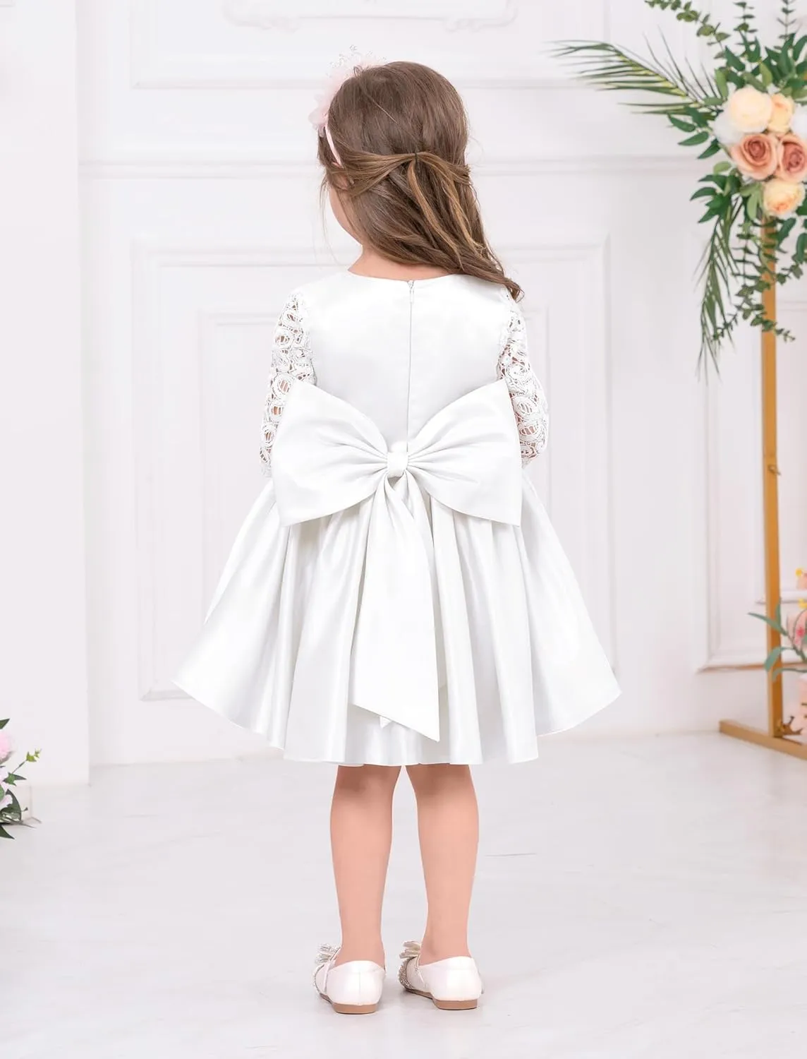 IDOPIP Flower Girl Satin Bowknot Lace Tutu Dress for Kids Baby Princess First Communion Wedding Birthday Party Pageant Gowns