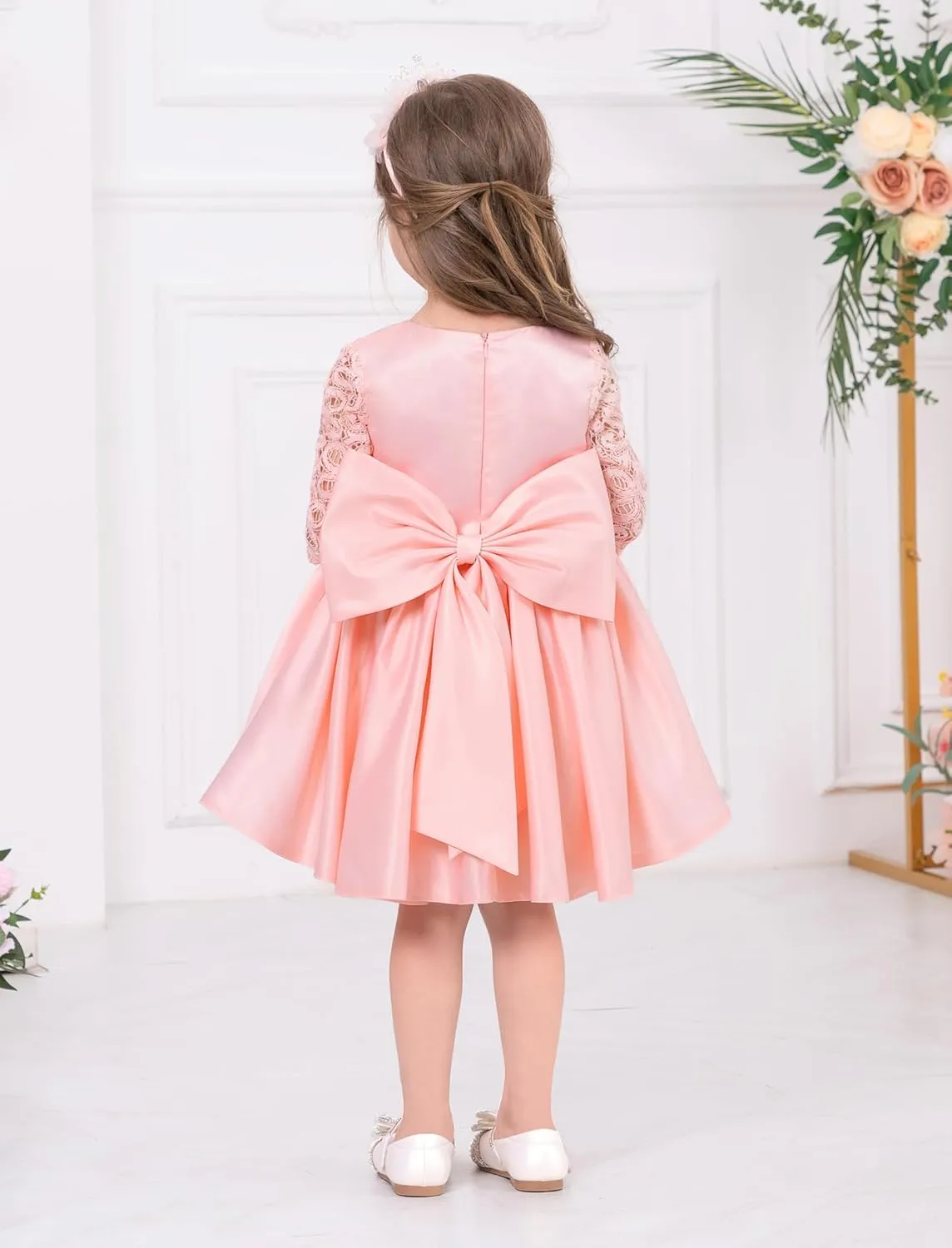 IDOPIP Flower Girl Satin Bowknot Lace Tutu Dress for Kids Baby Princess First Communion Wedding Birthday Party Pageant Gowns