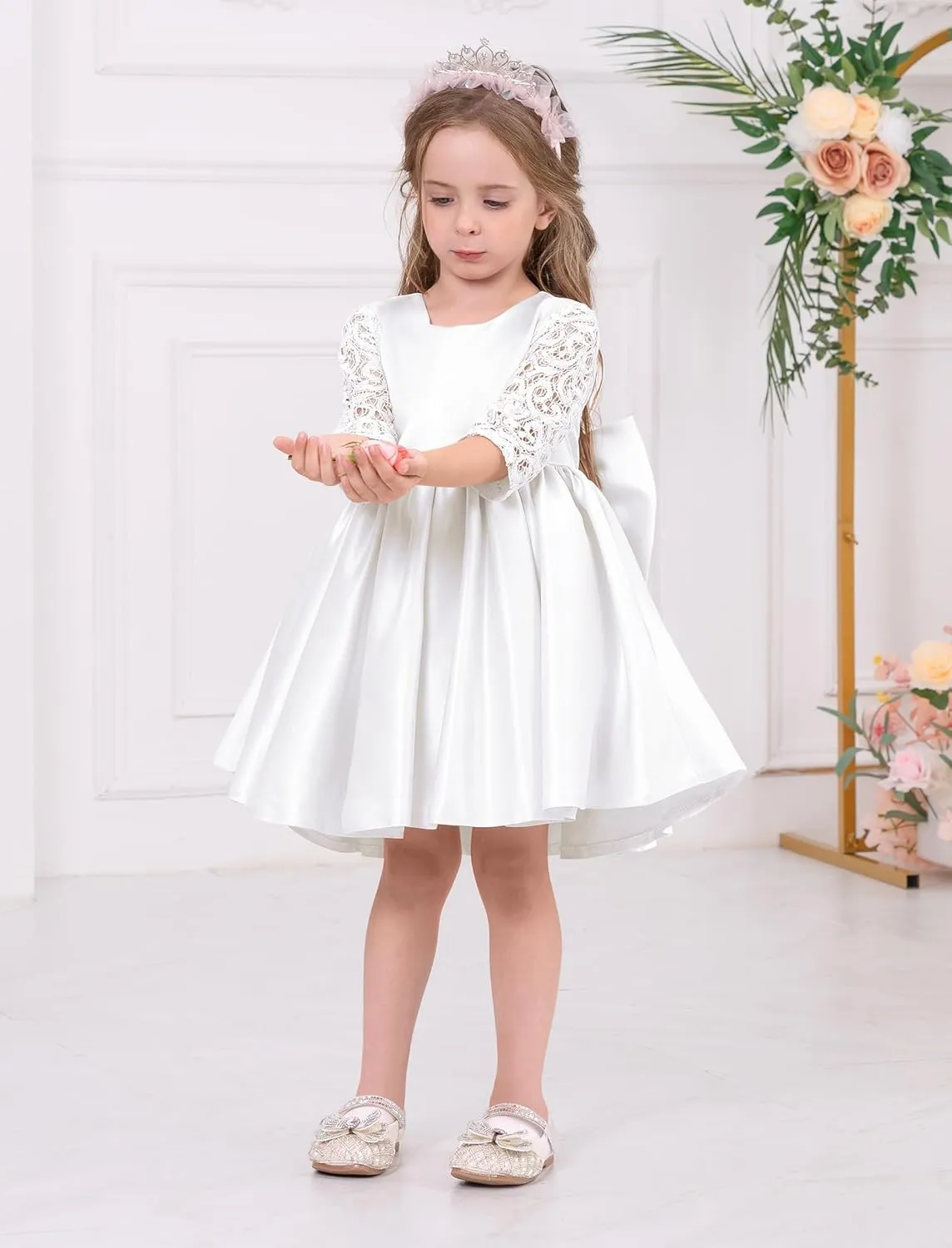 IDOPIP Flower Girl Satin Bowknot Lace Tutu Dress for Kids Baby Princess First Communion Wedding Birthday Party Pageant Gowns
