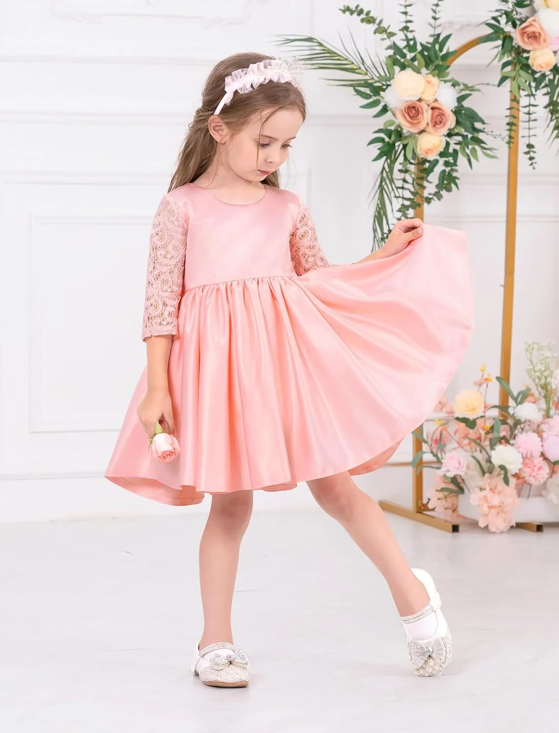 IDOPIP Flower Girl Satin Bowknot Lace Tutu Dress for Kids Baby Princess First Communion Wedding Birthday Party Pageant Gowns