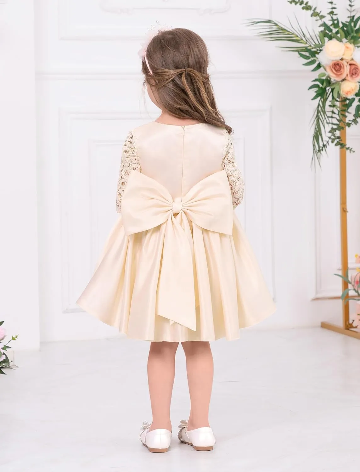 IDOPIP Flower Girl Satin Bowknot Lace Tutu Dress for Kids Baby Princess First Communion Wedding Birthday Party Pageant Gowns