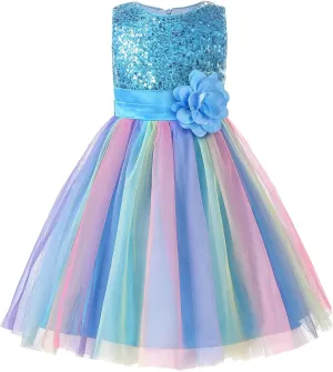 JerrisApparel Flower Girls Sequin Dress Rainbow Tutu Birthday Party Dress Pageant Gown