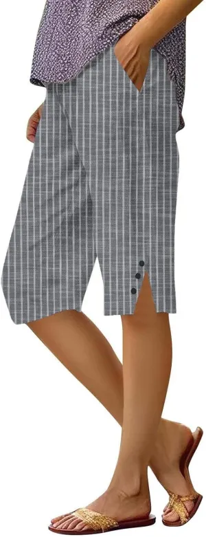 Linen Capri Pants for Women Casual Summer Retro Stripe Bermuda Shorts Light Weight Knee Length Plus Size Trousers