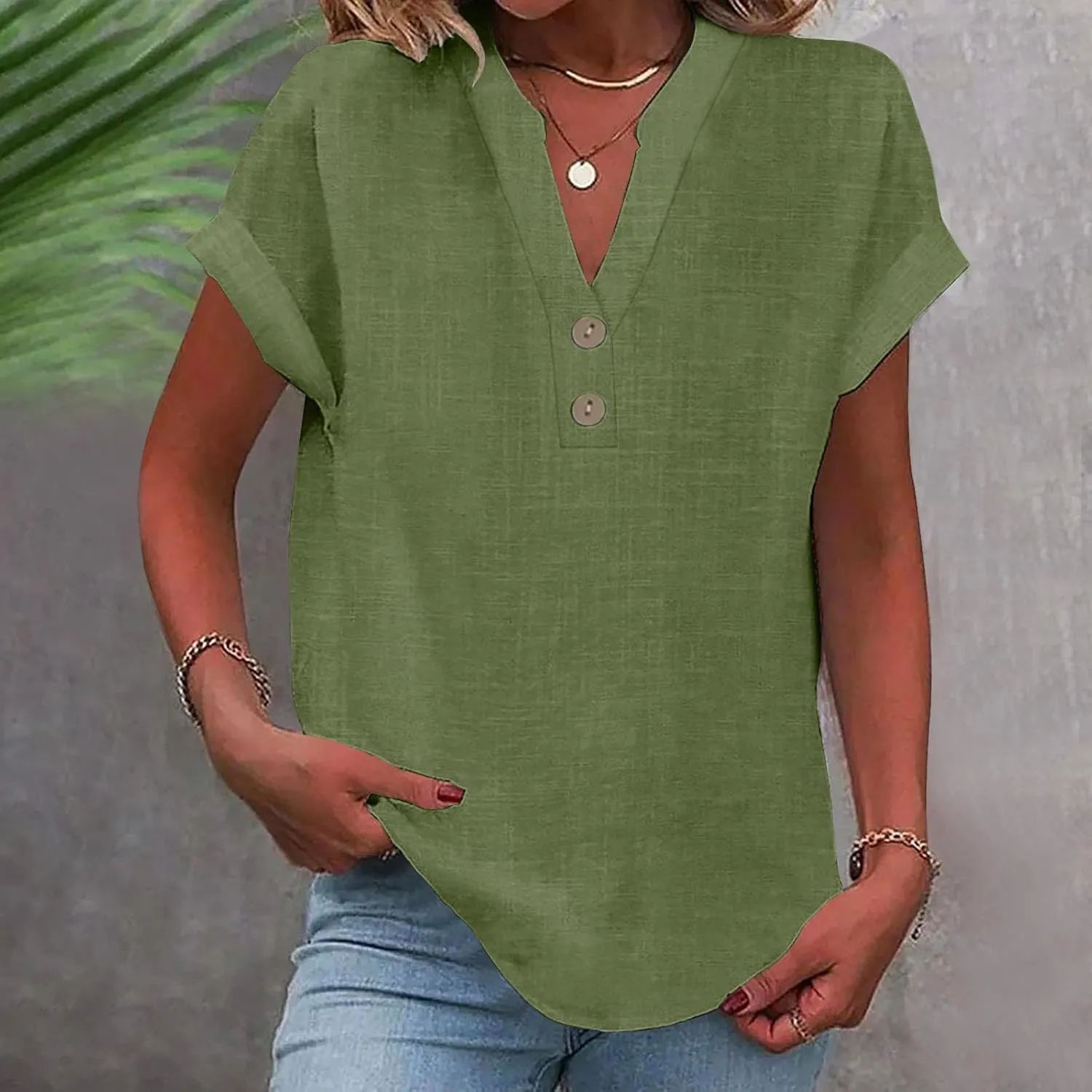 Linen Shirts for Women Casual Work Blouse Tops Summer Short Sleeve Roll Up Loose Fit V-Neck Cotton Button Up Shirt