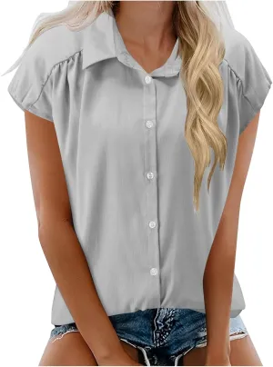 Linen Shirts for Women Loose Fit Cap Sleeve Button up Blouse Loose Collared Shirt Casual Summer Tops Beach Blouse Tops