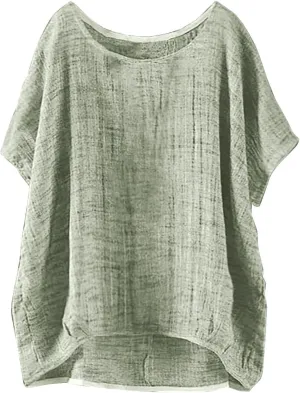 Linen Shirts for Women Summer 2025 Trendy Plus Size Crewneck Short Sleeve Cute Tops Casual Loose Fit Comfy Blouses