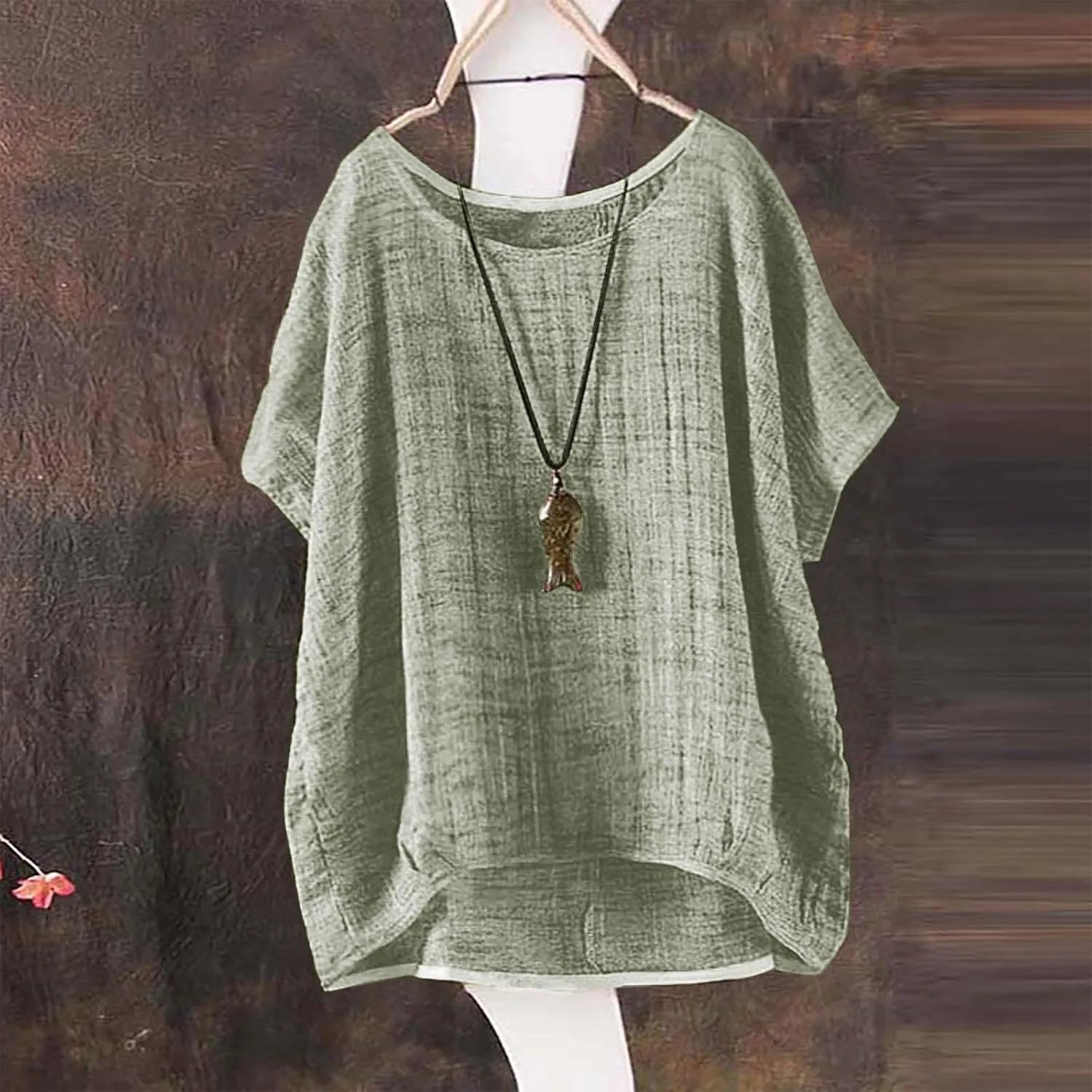 Linen Shirts for Women Summer 2025 Trendy Plus Size Crewneck Short Sleeve Cute Tops Casual Loose Fit Comfy Blouses