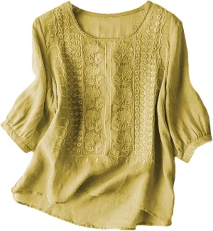 Linen Shirts for Women Summer 2025 Trendy Plus Size Crewneck Short Sleeve Cute Tops Casual Loose Fit Comfy Blouses
