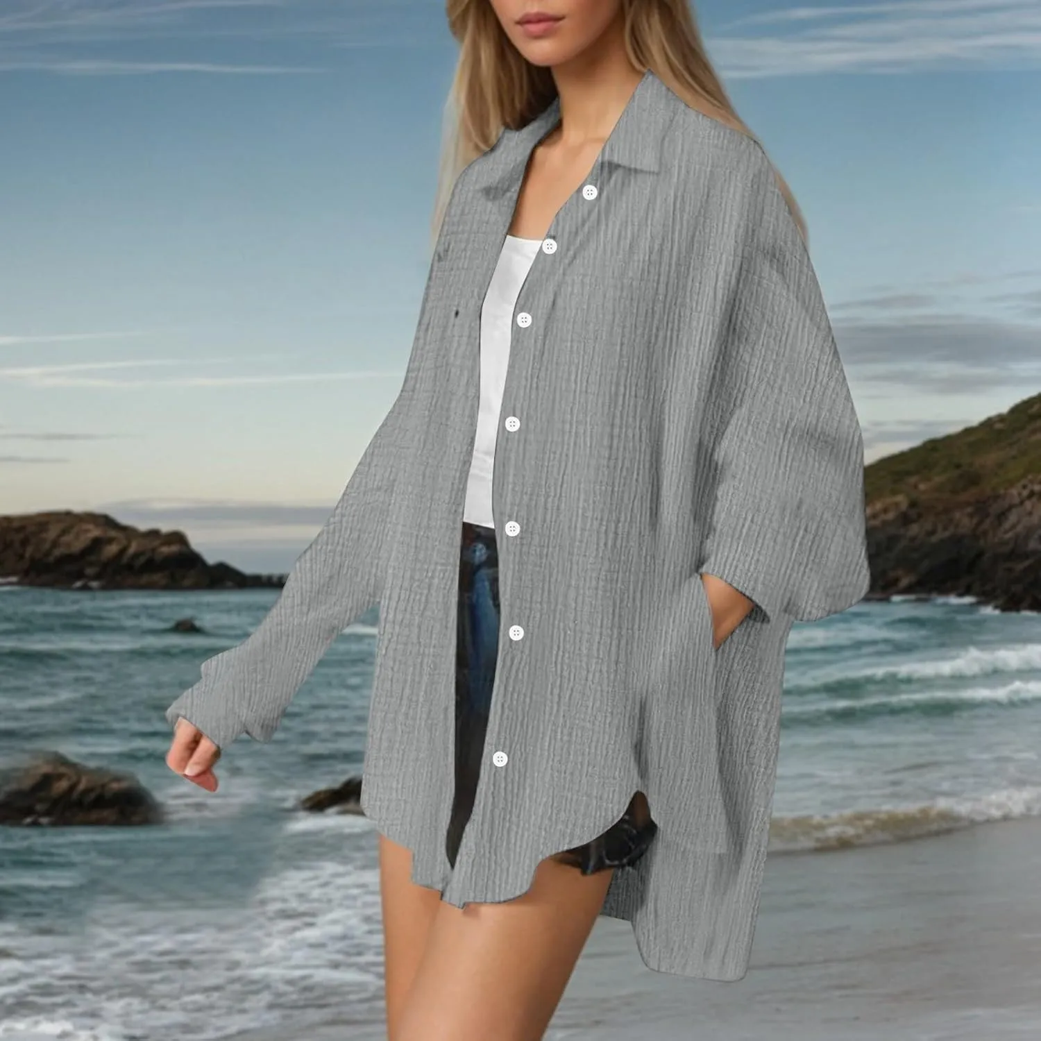 Linen Shirts for Women Summer Oversized Long Sleeve Lapel Button Down Shirt Lightweight Gauze Tops Loose Casual Blouses