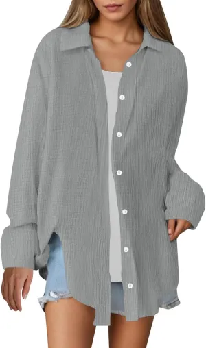 Linen Shirts for Women Summer Oversized Long Sleeve Lapel Button Down Shirt Lightweight Gauze Tops Loose Casual Blouses