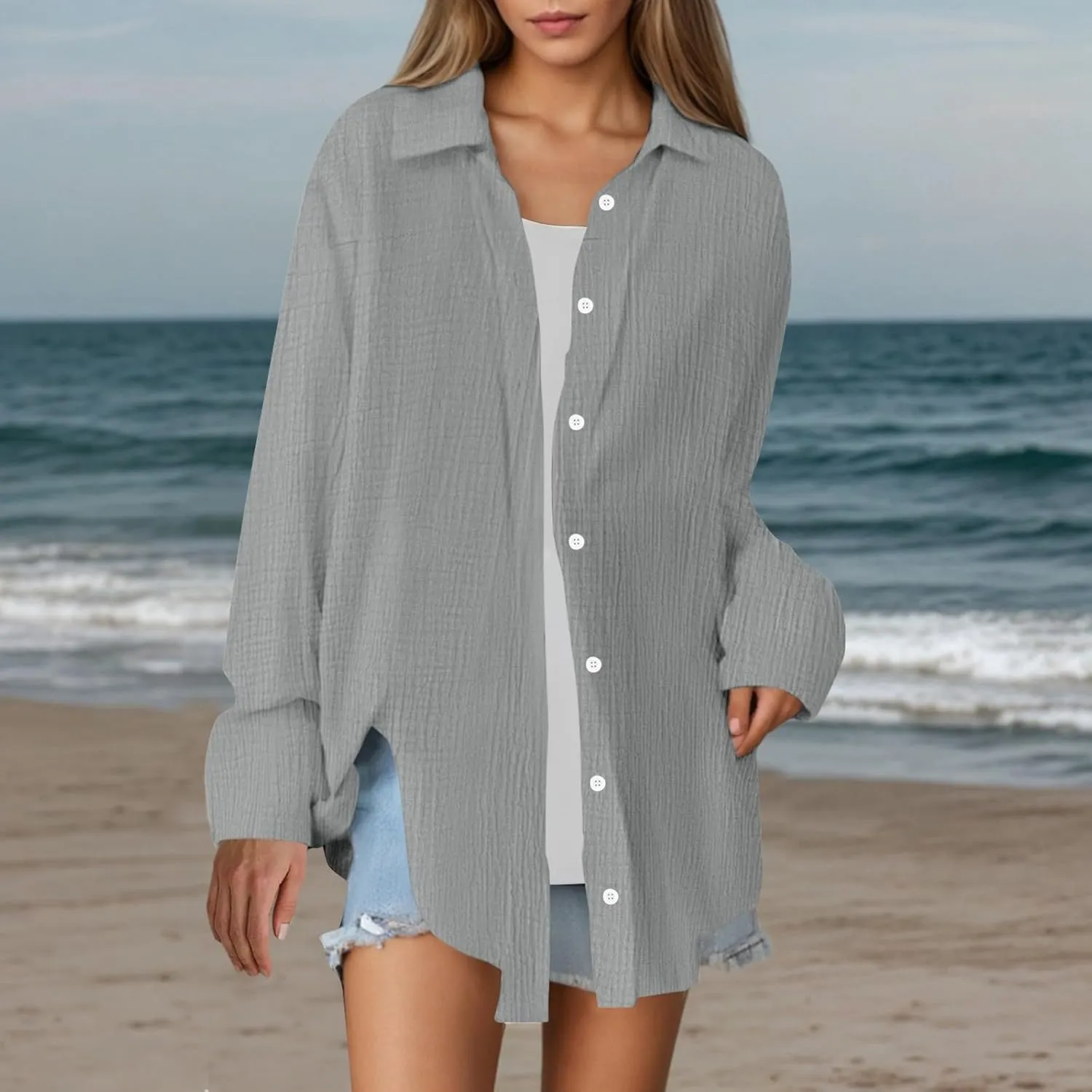 Linen Shirts for Women Summer Oversized Long Sleeve Lapel Button Down Shirt Lightweight Gauze Tops Loose Casual Blouses