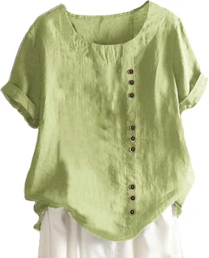 Linen Shirts for Women V Neck Button Down Blouses Plain Dressy Tee Tops Short Sleeve Loose Fit Tunic Top