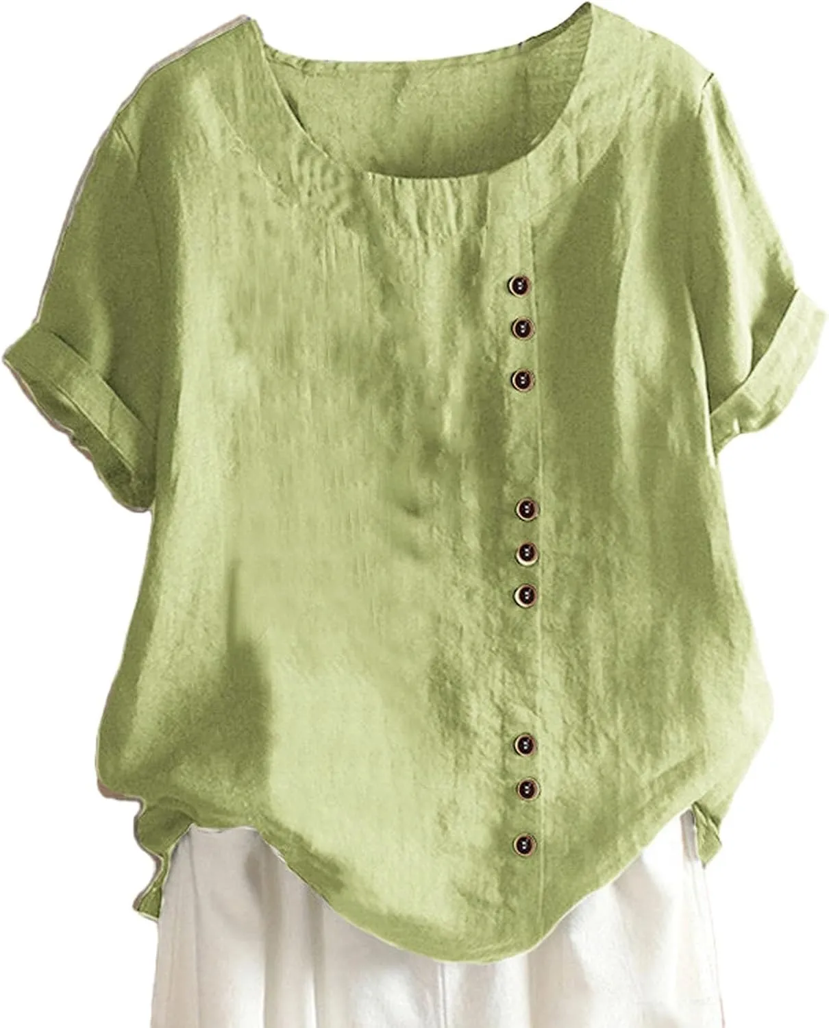Linen Shirts for Women V Neck Button Down Blouses Plain Dressy Tee Tops Short Sleeve Loose Fit Tunic Top