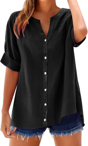 Linen Tops for Women Summer Button Down Shirts Casual Loose Fitting Tops Dressy Plus Size V Neck Tops Blouse