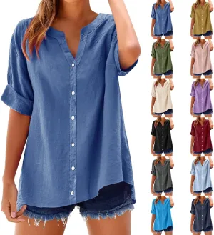 Linen Tops for Women Summer Button Down Shirts Casual Loose Fitting Tops Dressy Plus Size V Neck Tops Blouse