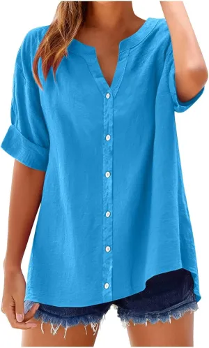 Linen Tops for Women Summer Button Down Shirts Casual Loose Fitting Tops Dressy Plus Size V Neck Tops Blouse