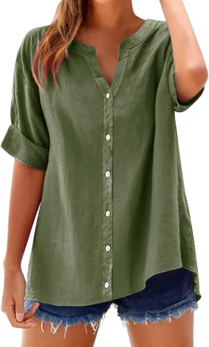 Linen Tops for Women Summer Button Down Shirts Casual Loose Fitting Tops Dressy Plus Size V Neck Tops Blouse