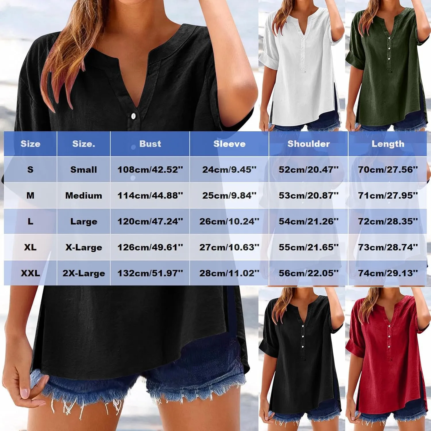 Linen Tops for Women Summer Button Down Shirts Casual Loose Fitting Tops Dressy Plus Size V Neck Tops Blouse