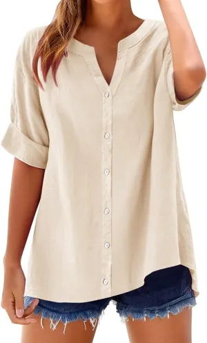 Linen Tops for Women Summer Button Down Shirts Casual Loose Fitting Tops Dressy Plus Size V Neck Tops Blouse